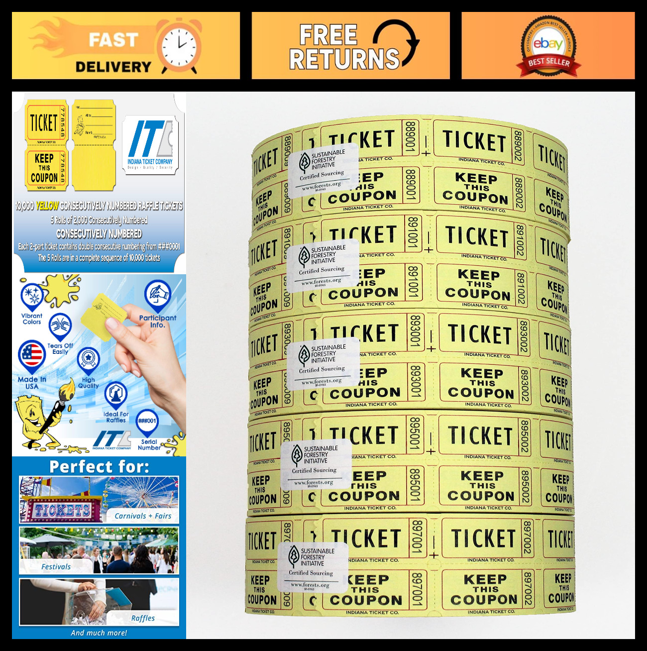 10,000 Yellow Raffle Tickets Roll – Consecutively Numbered, 5 Rolls for Fundrais