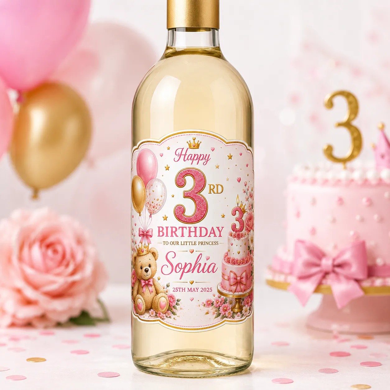 Personalised 3rd Birthday Bottle Label Custom Girl Pink Wine Bottle Sticker
