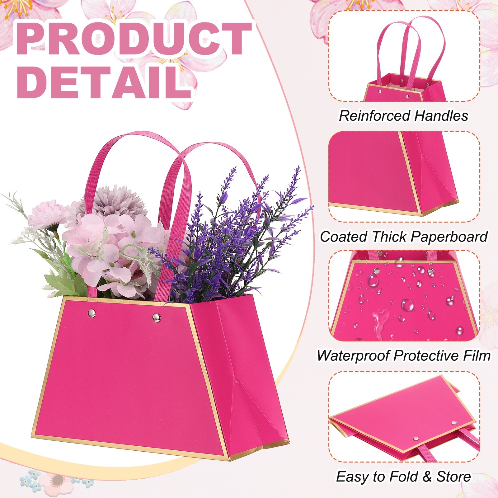 12 Pcs Flower Gift Bags Bouquet Wrapping Bag Paper Bouquet Bag Boxes Light Pink