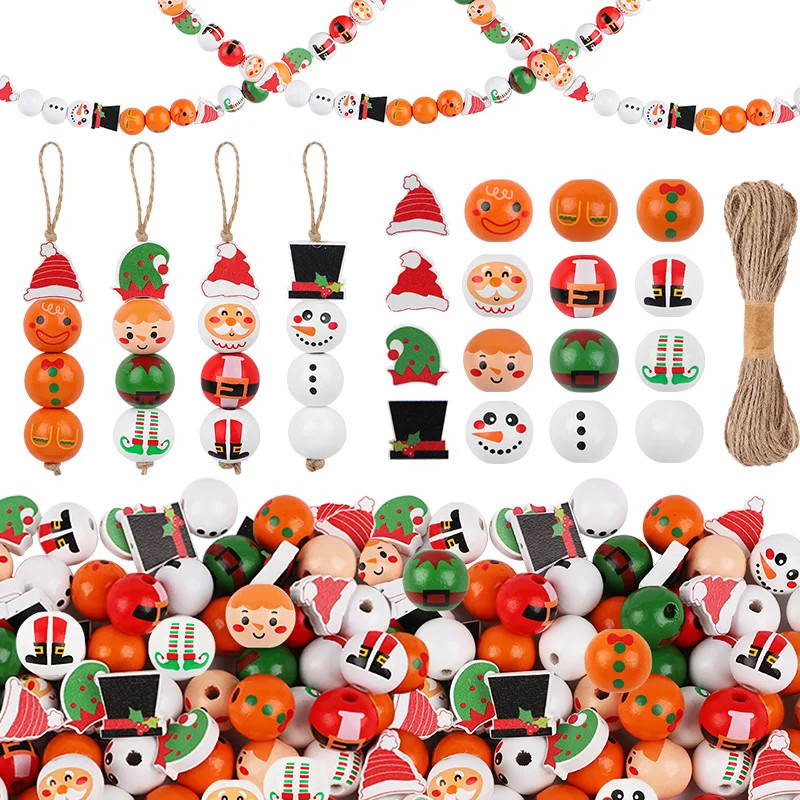 48/80Pc Wooden Beads Christmas Santa Claus Gingerbread Man Elf DIY Garland Decor