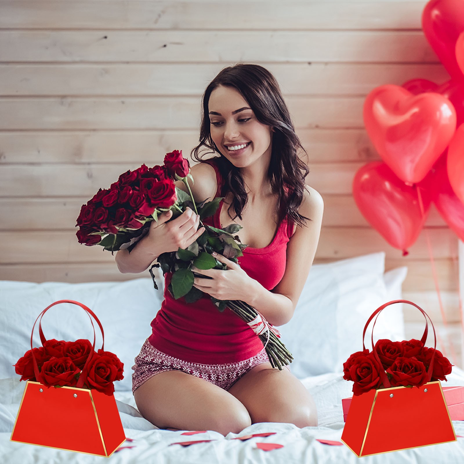 Paper Flower Gift Bags, 12 Pcs Paper Bouquet Flower Gift Bag with Handle,Red
