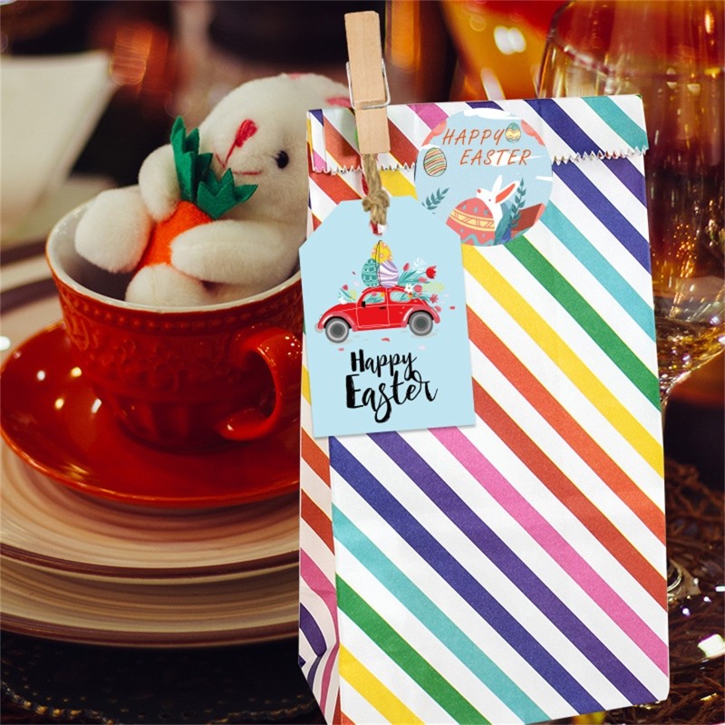 DIY Easter Gift Paper Bags Set include Bag Clips Stickers Hanging Tags Rope