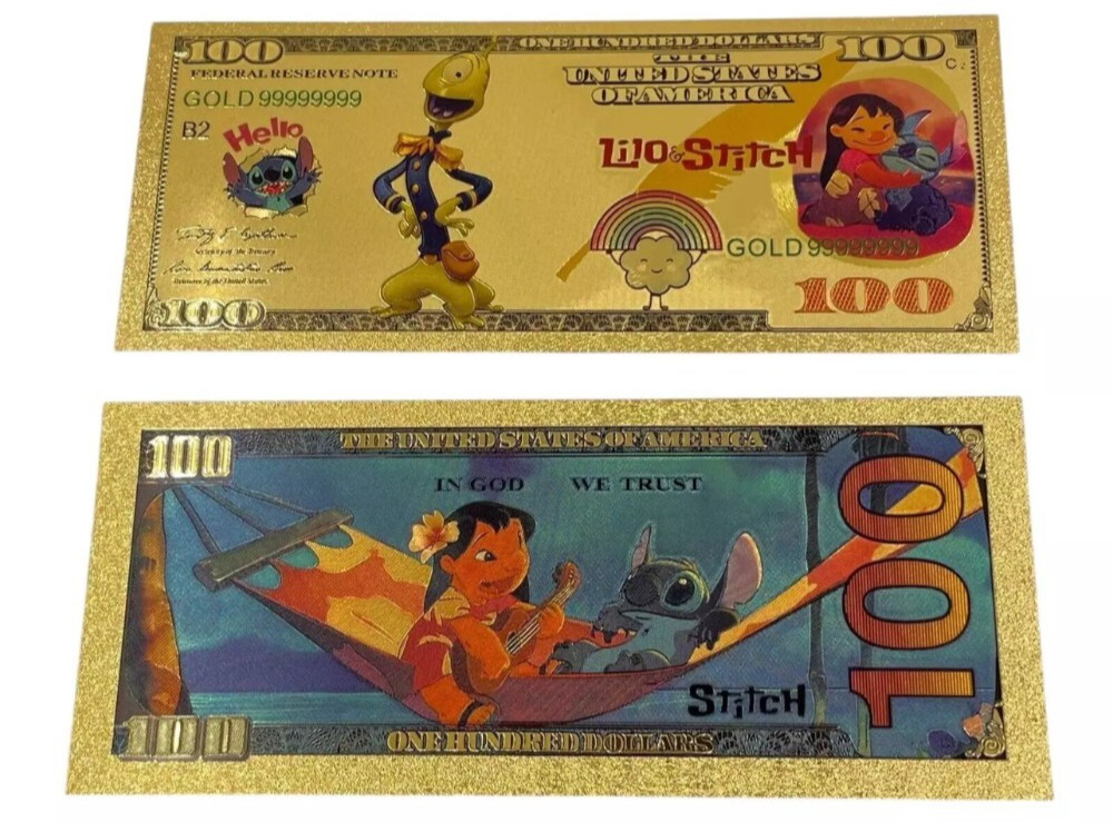 24k Gold Foil Plated Lilo and Stitch Banknote – Set of 9 Disney Party Favors