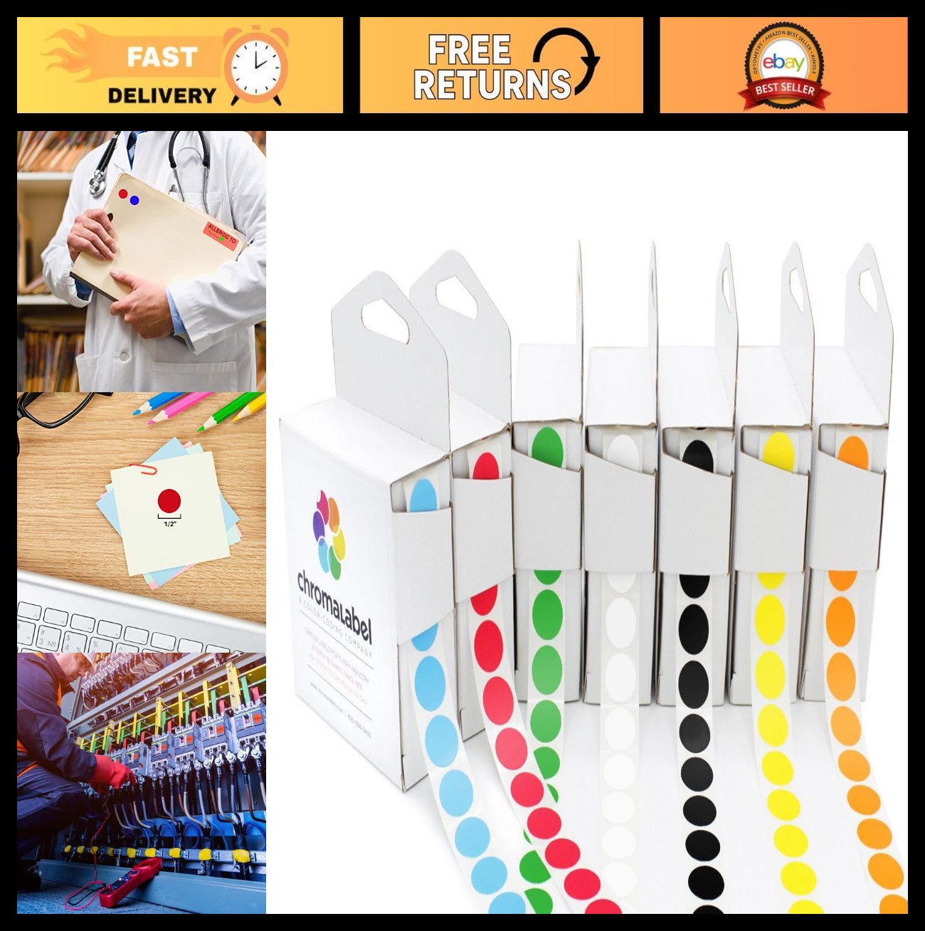 Color Code Dot Label Kit – 0.50 Inch Stickers, 7 Colors, 1000 Labels per Box