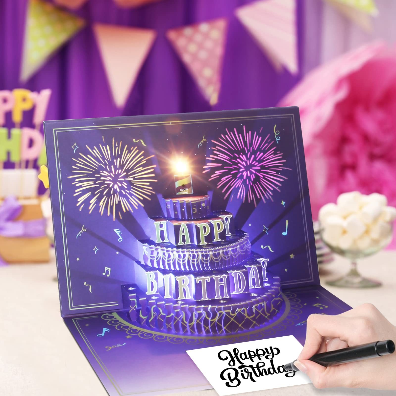 XTF2015 Happy Birthday Cards Fireworks, Lights, Music 7.87*5.9 inch, Purple