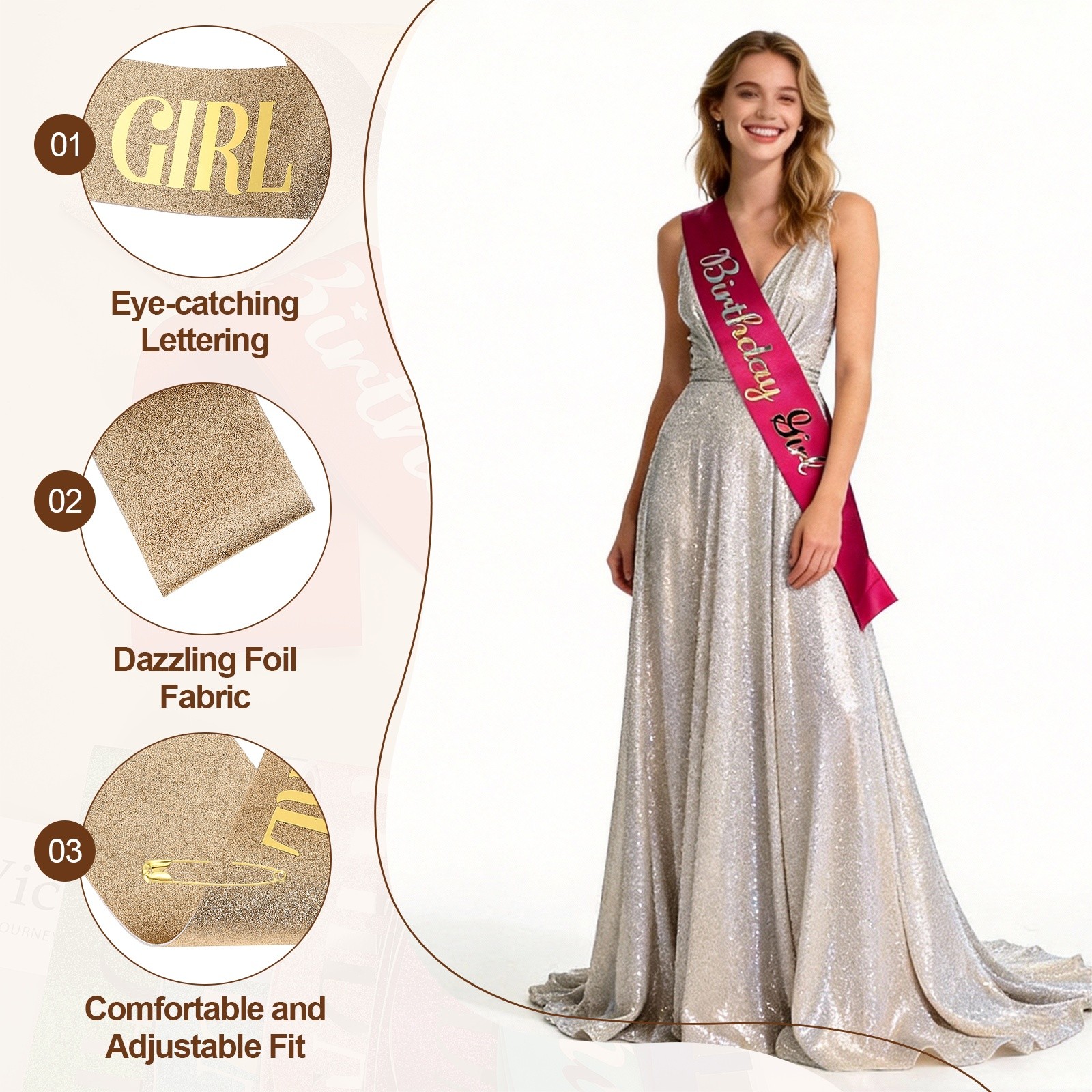 Birthday Girls Sash with Pin Gold Lettering for Party, Rose Gold