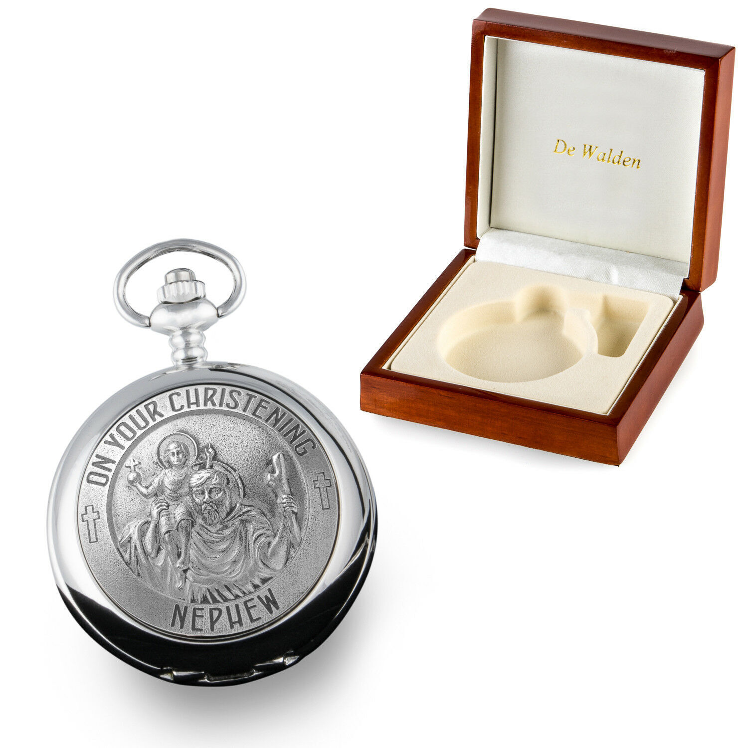 Nephew’s Christening Gift Engraved St Christopher Boys Pocket Watch Wood Box MOP
