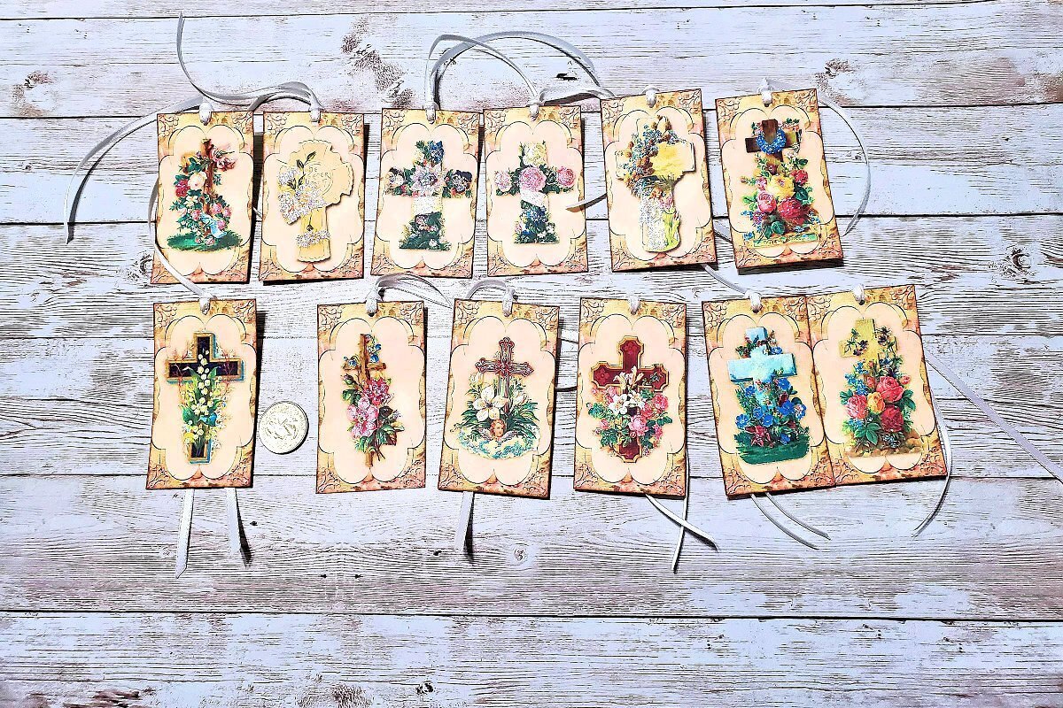 12~Easter~Vintage~Victorian~Cross~Glitter~Linen Cardstock~Gift~Hang~Tags