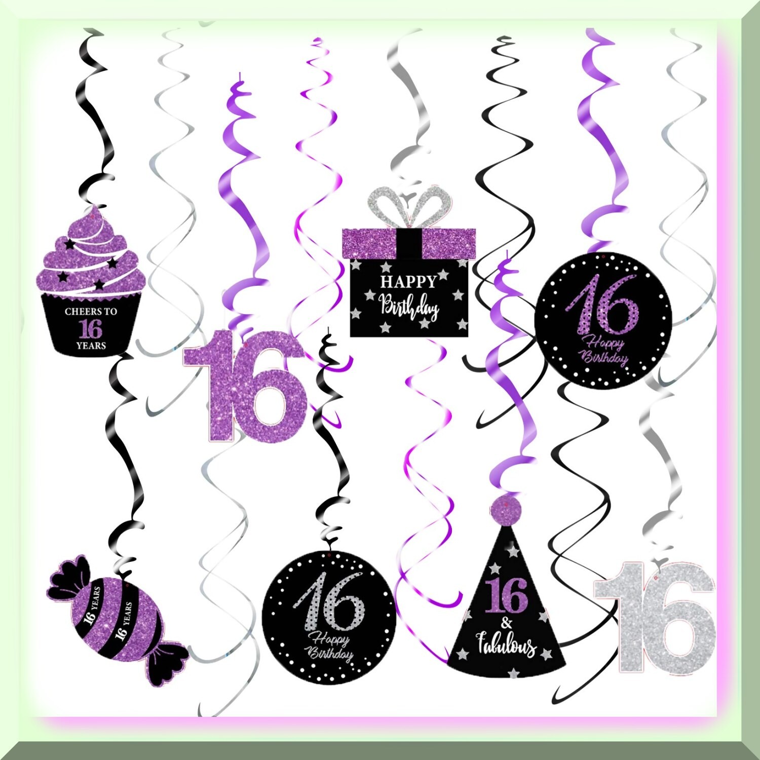 Sweet 16 Hanging Swirl Decorations Purple Silver Black