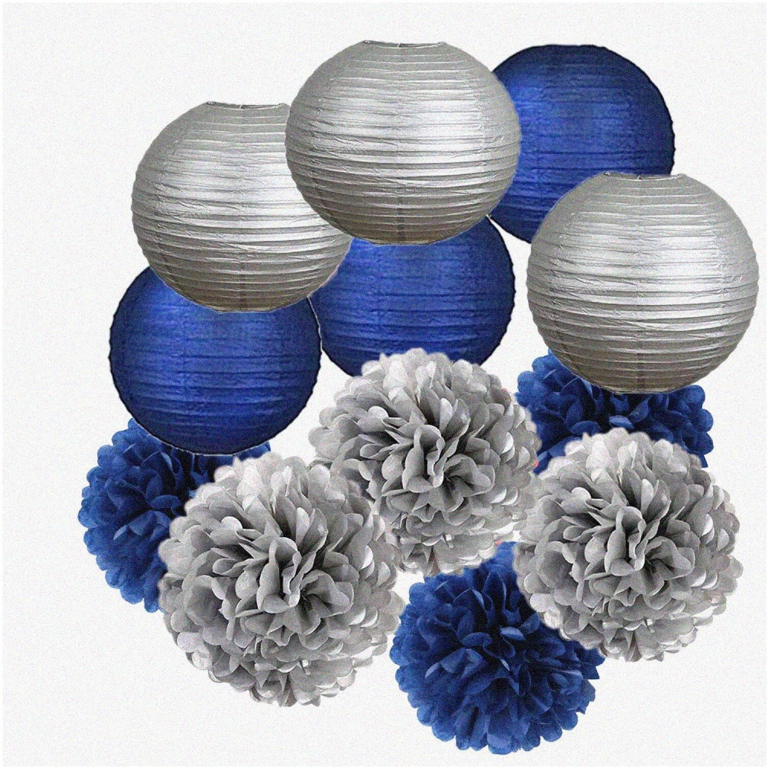 Blue and Silver Tissue Pom Poms and Lanterns Set