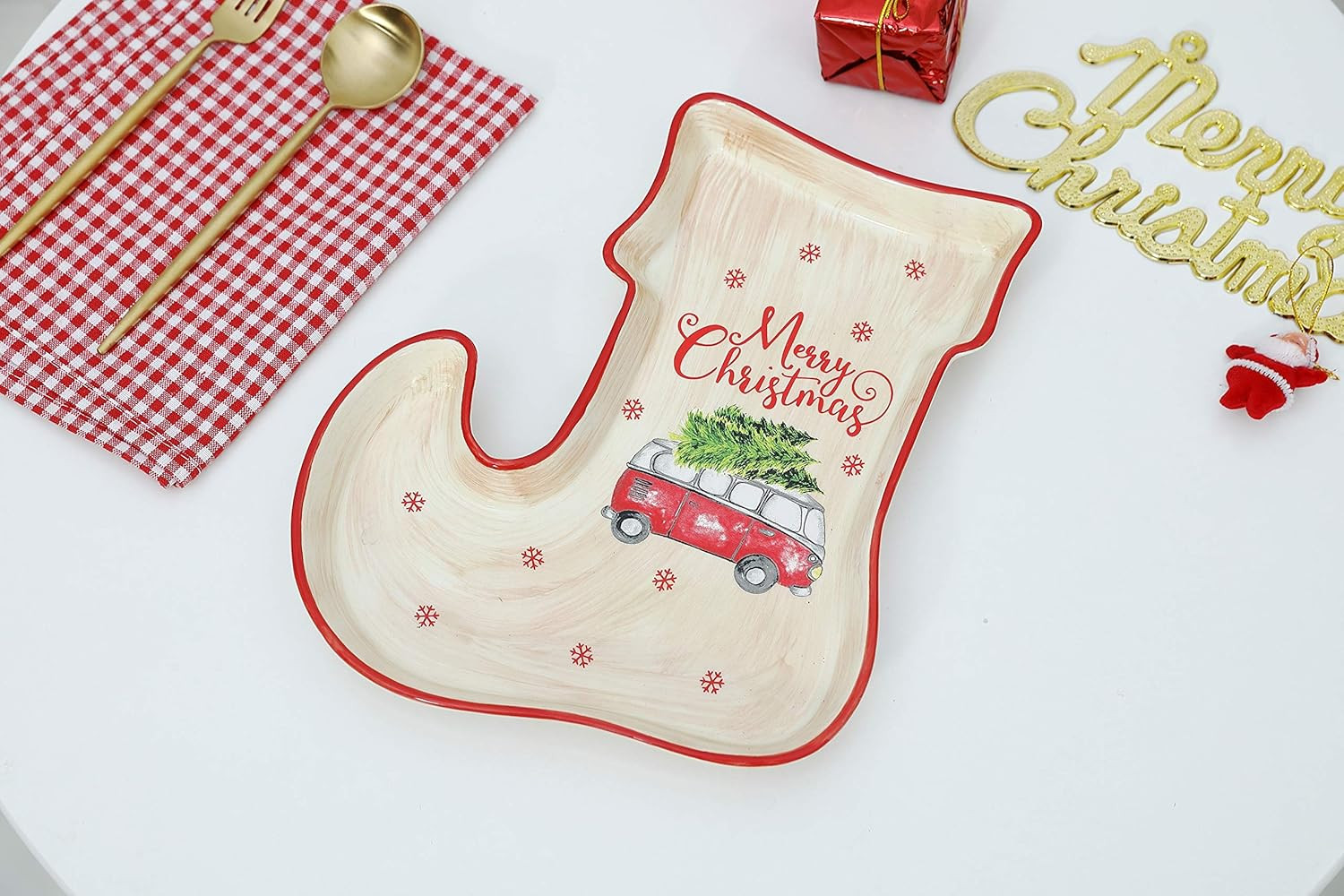 Merry Christmas Holiday Stocking Shaped 10″ Ceramic Accent Plate