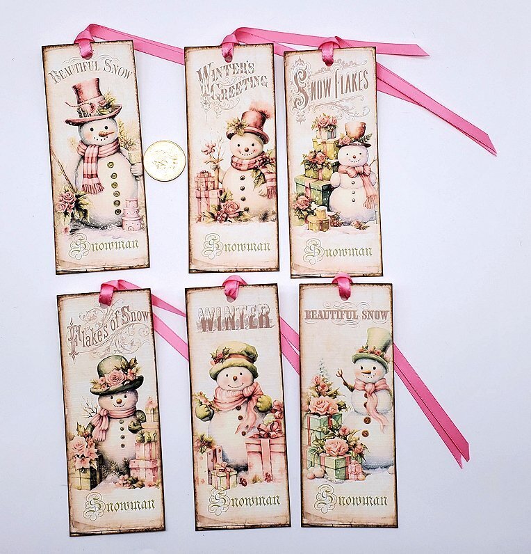 6-Christmas-Vintage-Snowman-Linen Cardstock-Bookmarker-Gift-Hang-Tags