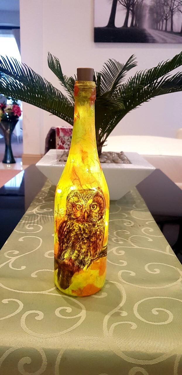 Hand Decorated Light Up Bottle Lamp with Owl Design One of a Kind Unique Gift