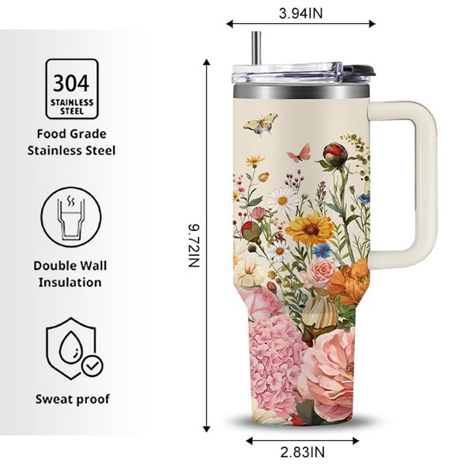 Floral Boho Tumbler 40oz, Flowers Gifts, Flower Coffee Cup Gifts for Women Gi…