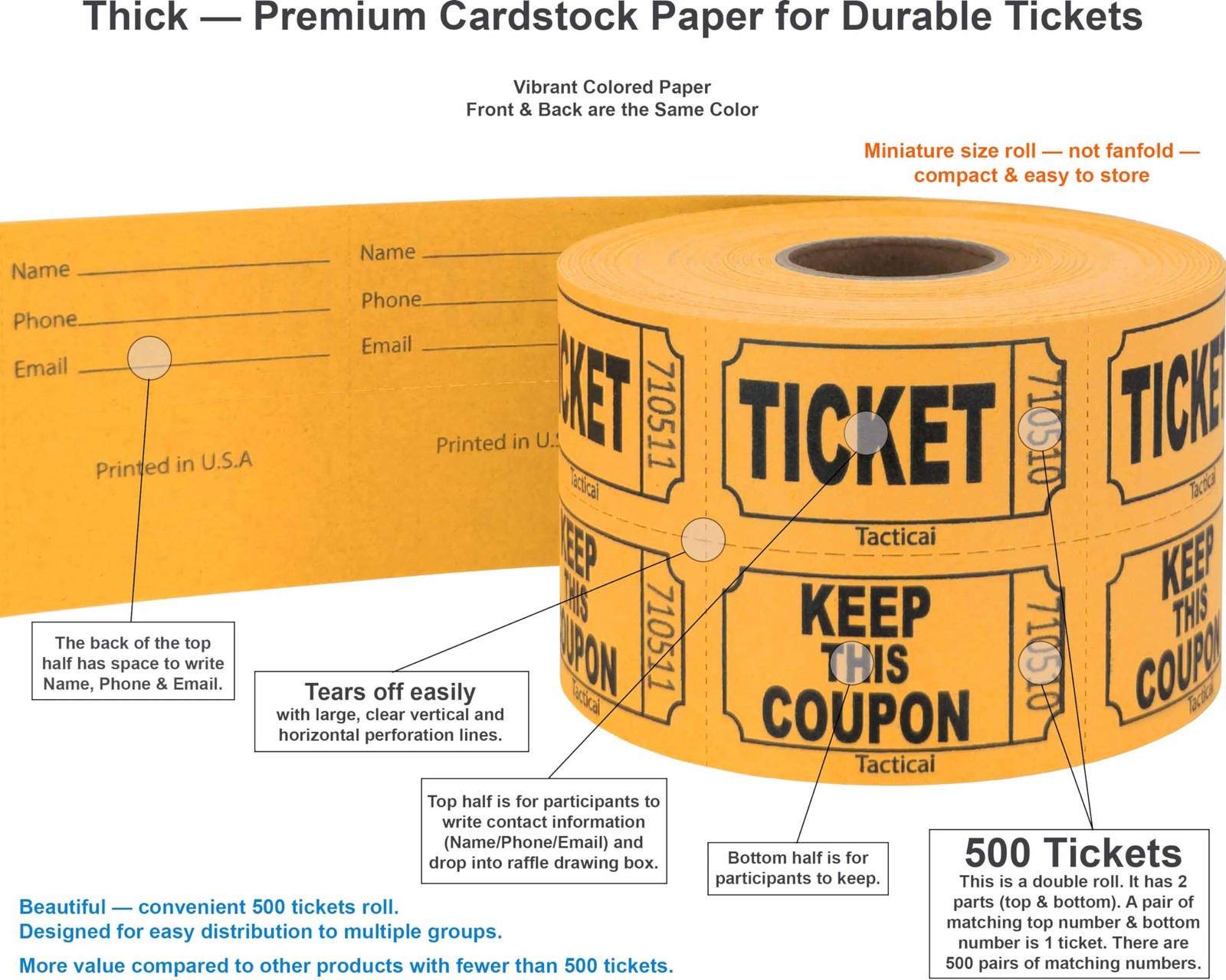 500 Orange Double Roll Raffle Tickets, Events, Entry, Fundraiser, Prizes, Class