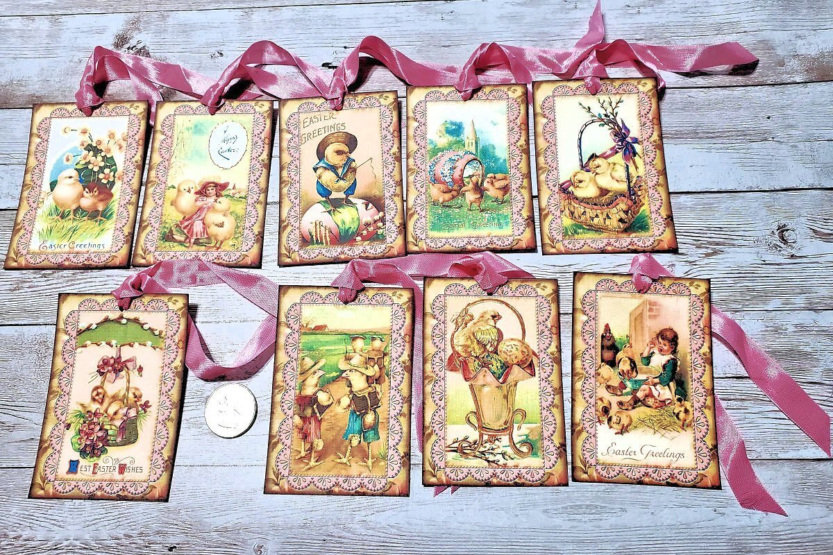 9~Easter~Vintage~Chicks~Pink~Linen Cardstock~Gift~Hang~Tags
