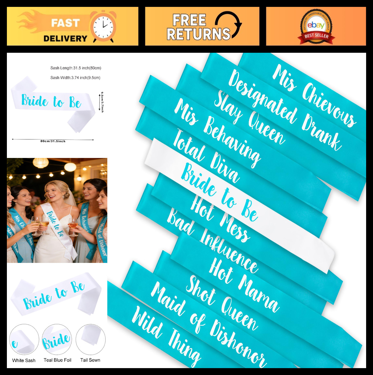 12 PCS Bachelorette Party Sashes Set – Bride & Bridesmaid Teal Blue Sashes, Gift