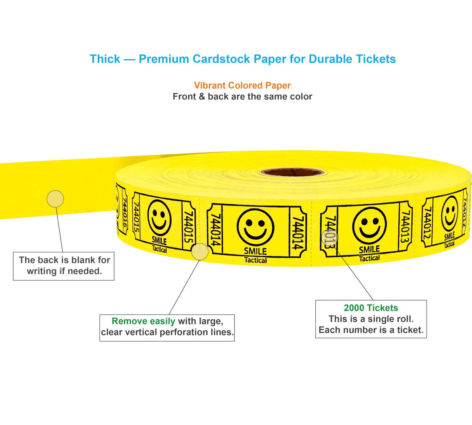 Tacticai 2000 Raffle Tickets, Smile, Yellow (1 of 8 Colors), Single Roll, Tic…