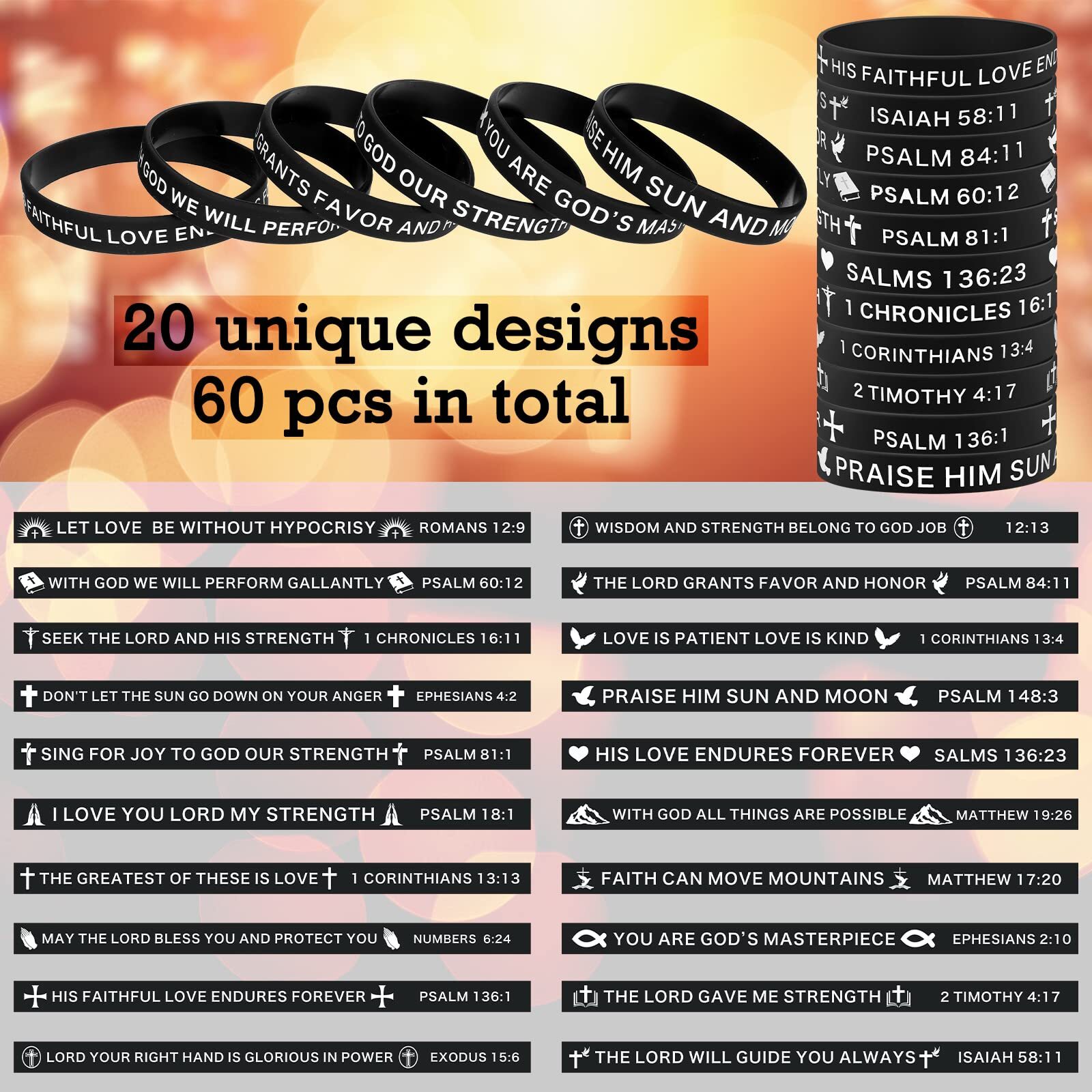 60 Pcs Religious Silicone Bracelets Christian Scripture Bracelets Bulk Rubber…