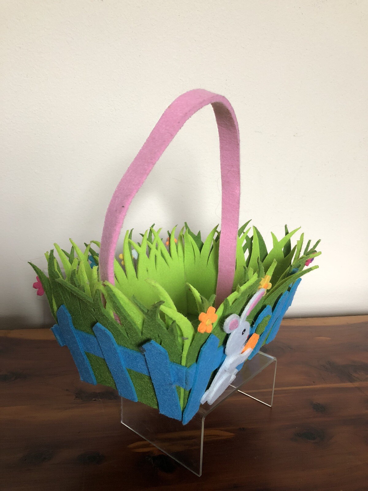 Easter Basket Soft Fabric Felt Bright Colors Bunny Grass & Flowers Decor Bucket