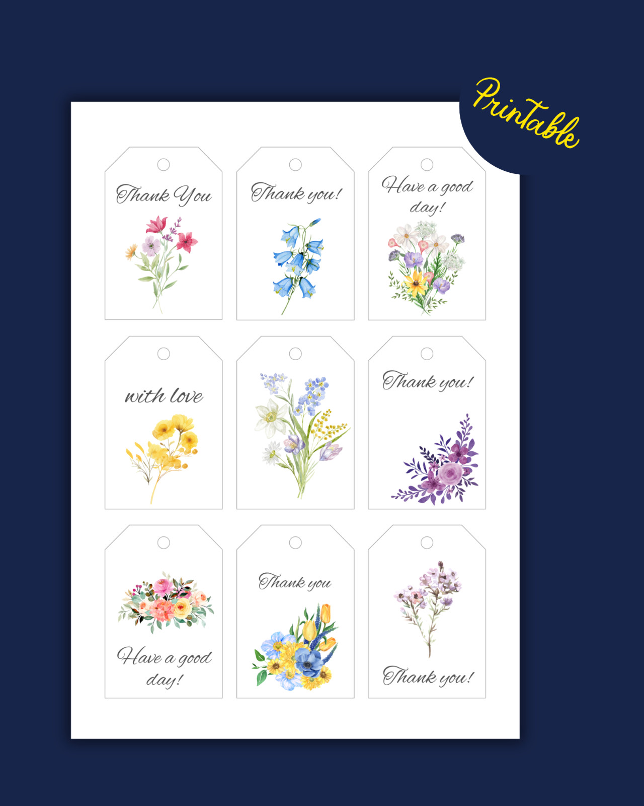 Digtial Thank You Tags Printable 9 Floral Designs on A4 Size Sheet Favour Tags