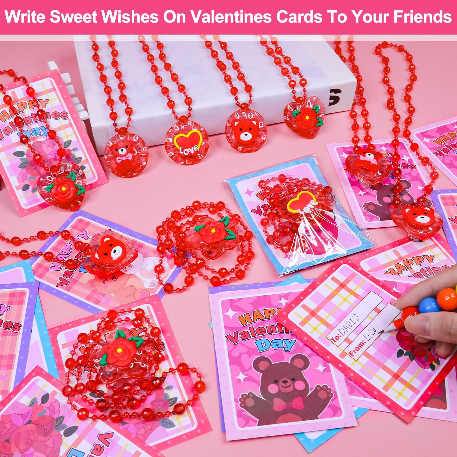24 Pack Valentines Day Gifts for Kids Light Up Red Heart & Bear Necklaces