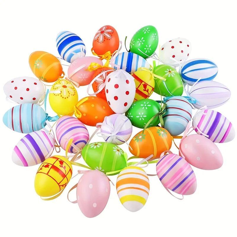 24PCS Colorful Plastic Easter Eggs Hanging Ornaments for Tree Basket Party Decor