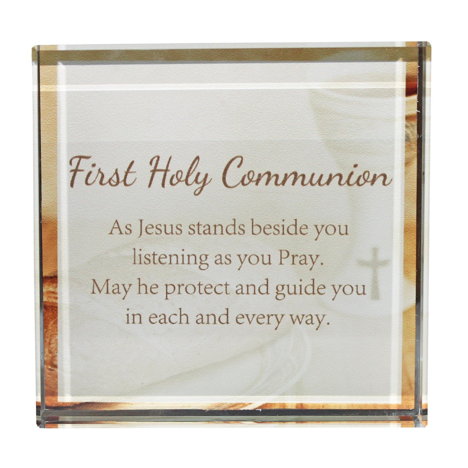 Glass Block Paperweight with Wording – First Holy Communion