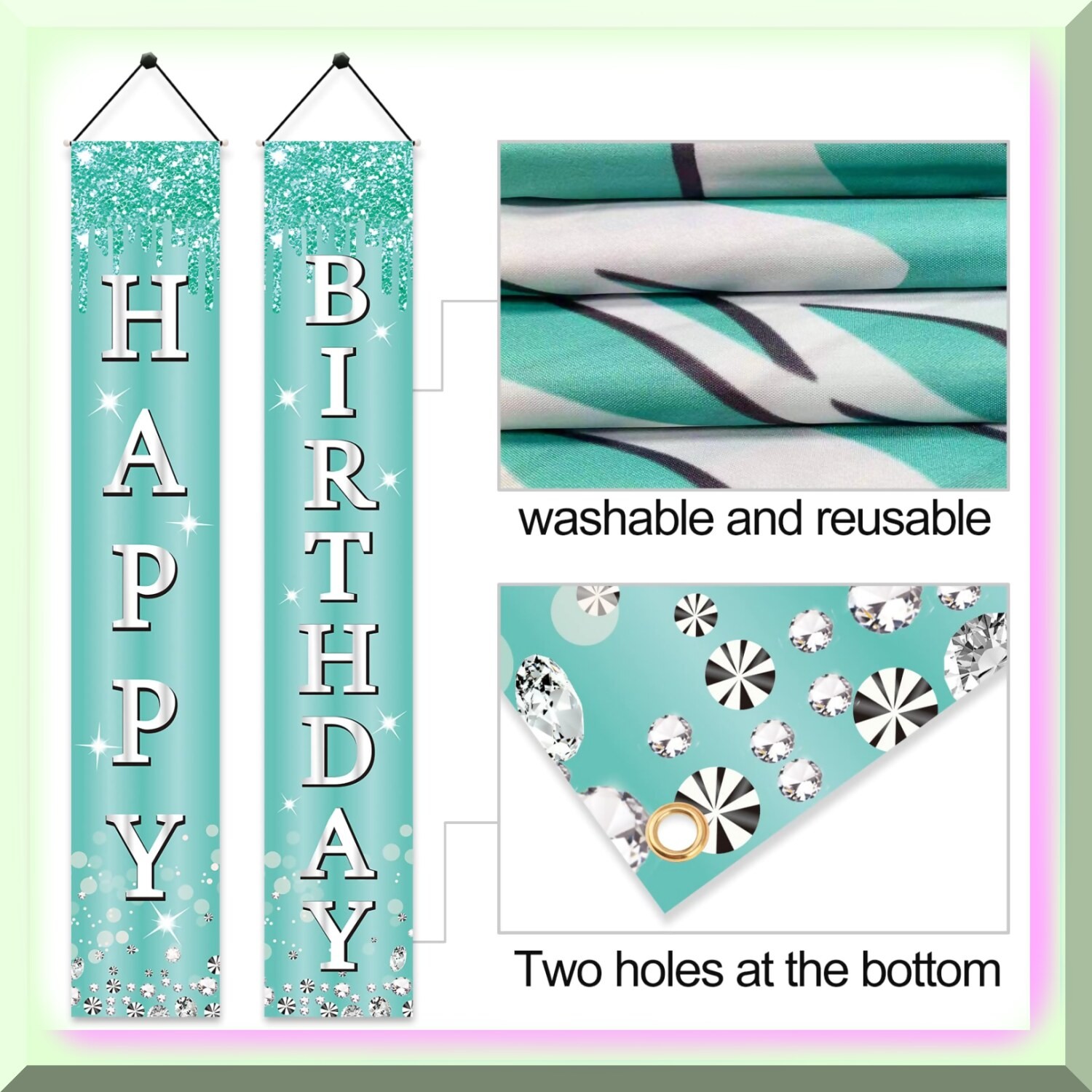 Teal Silver Birthday Door Banner Set for Girls Women
