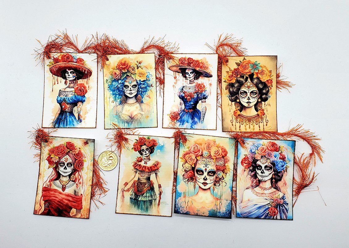 8-Halloween-Dia De Los Muertos-La Catrina-Sugar Skull-Linen Cardstock-Hang-Tags