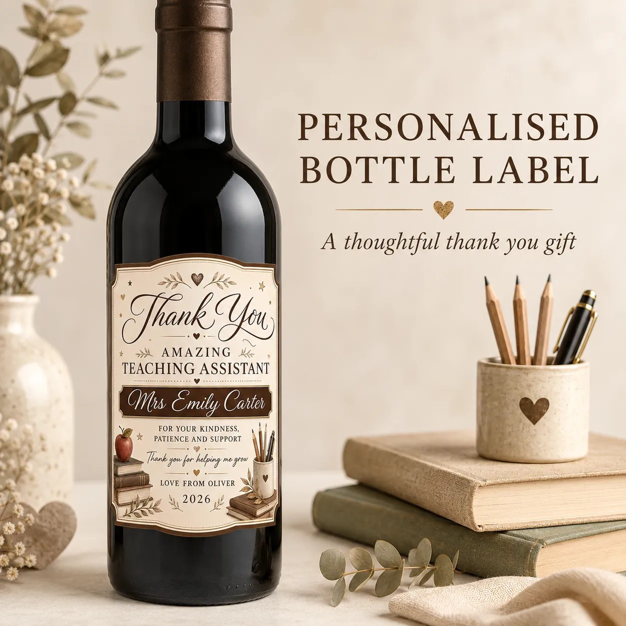 Personalised Teaching Assistant Thank You Bottle Label Sticker Custom Gift