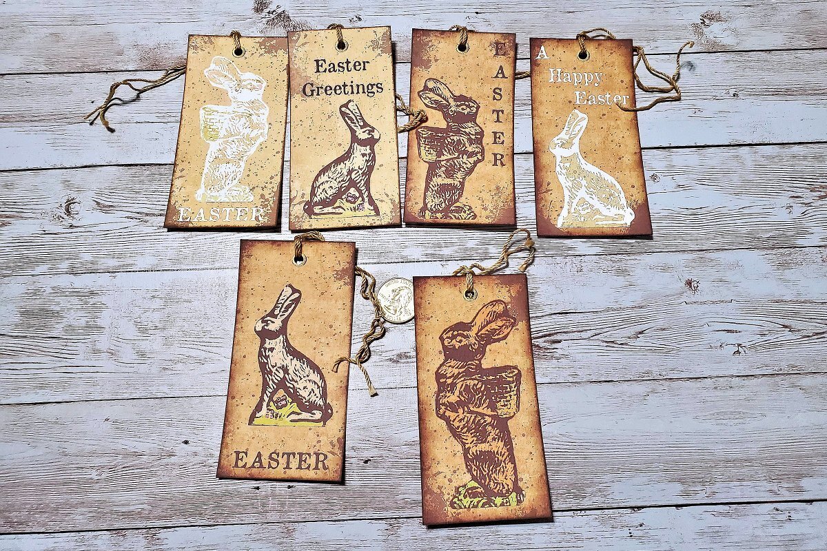 6~Easter~Primitive~Farmhouse~Rabbit~Bunny~Linen Cardstock~Gift~Hang~Tags