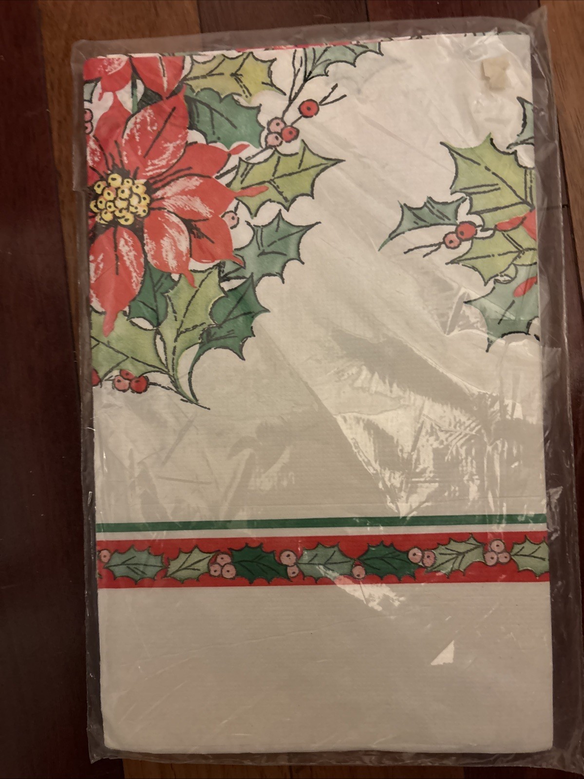 VTG Reed Christmas Table Cover Poinsettia Berries Paper Tablecloth 52″ x 96″