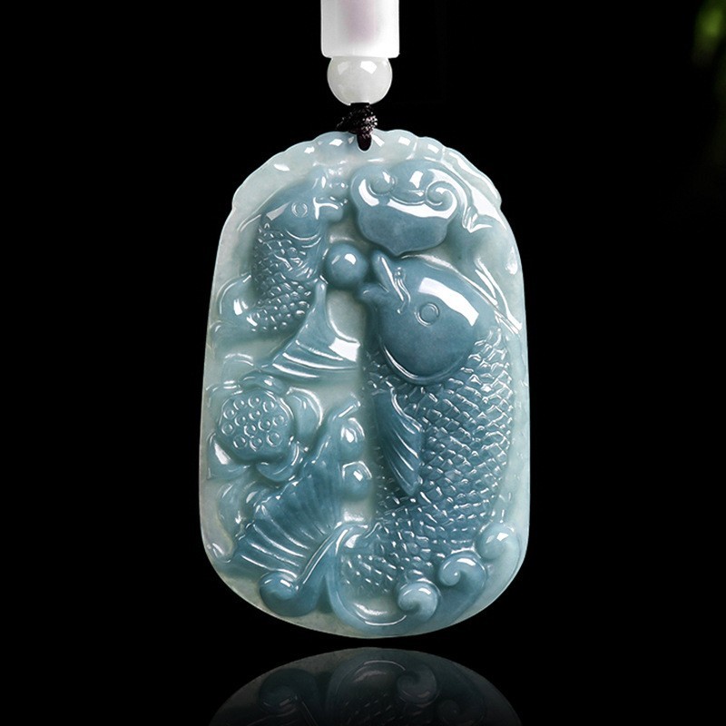 Jadeite Double Fish Lotus Pendant Necklace, Amulet for Wealth & Surplus Luck