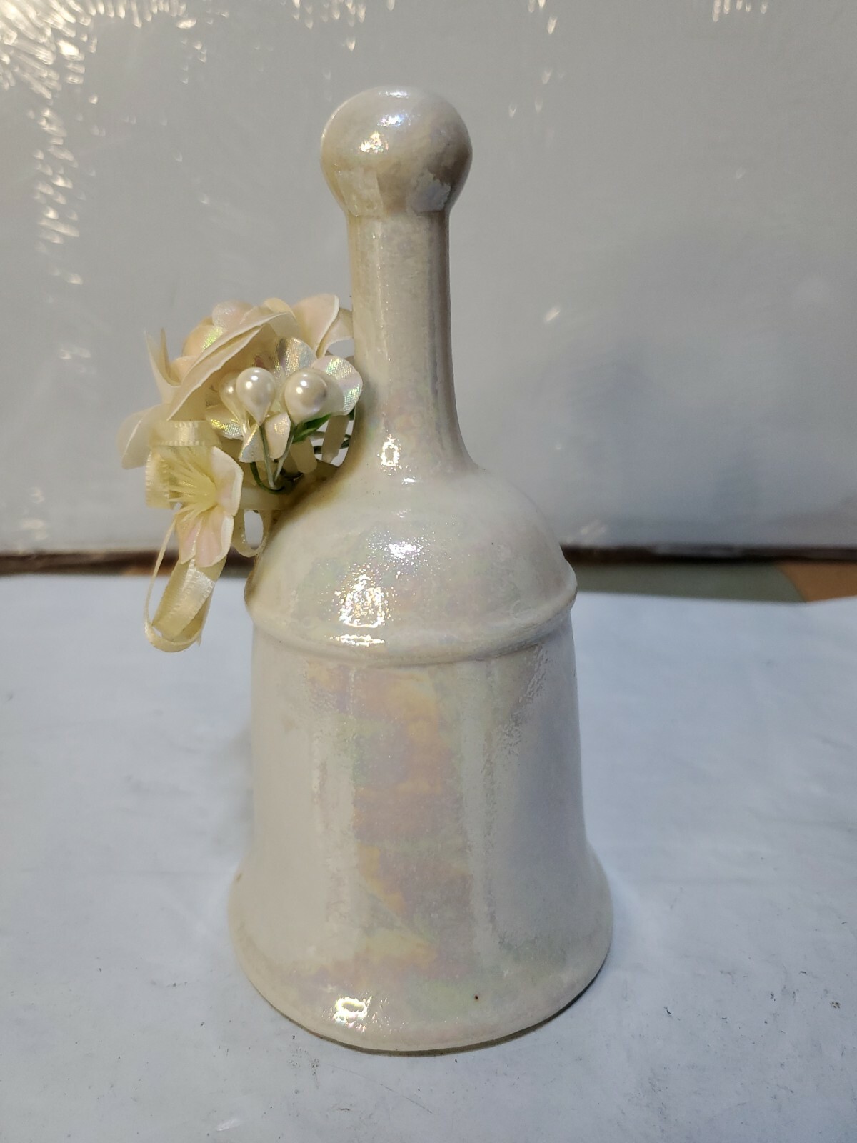 Vintage Wedding Opalescent White Porcelain Bell 2in Handle 5.5″ x 3in Floral