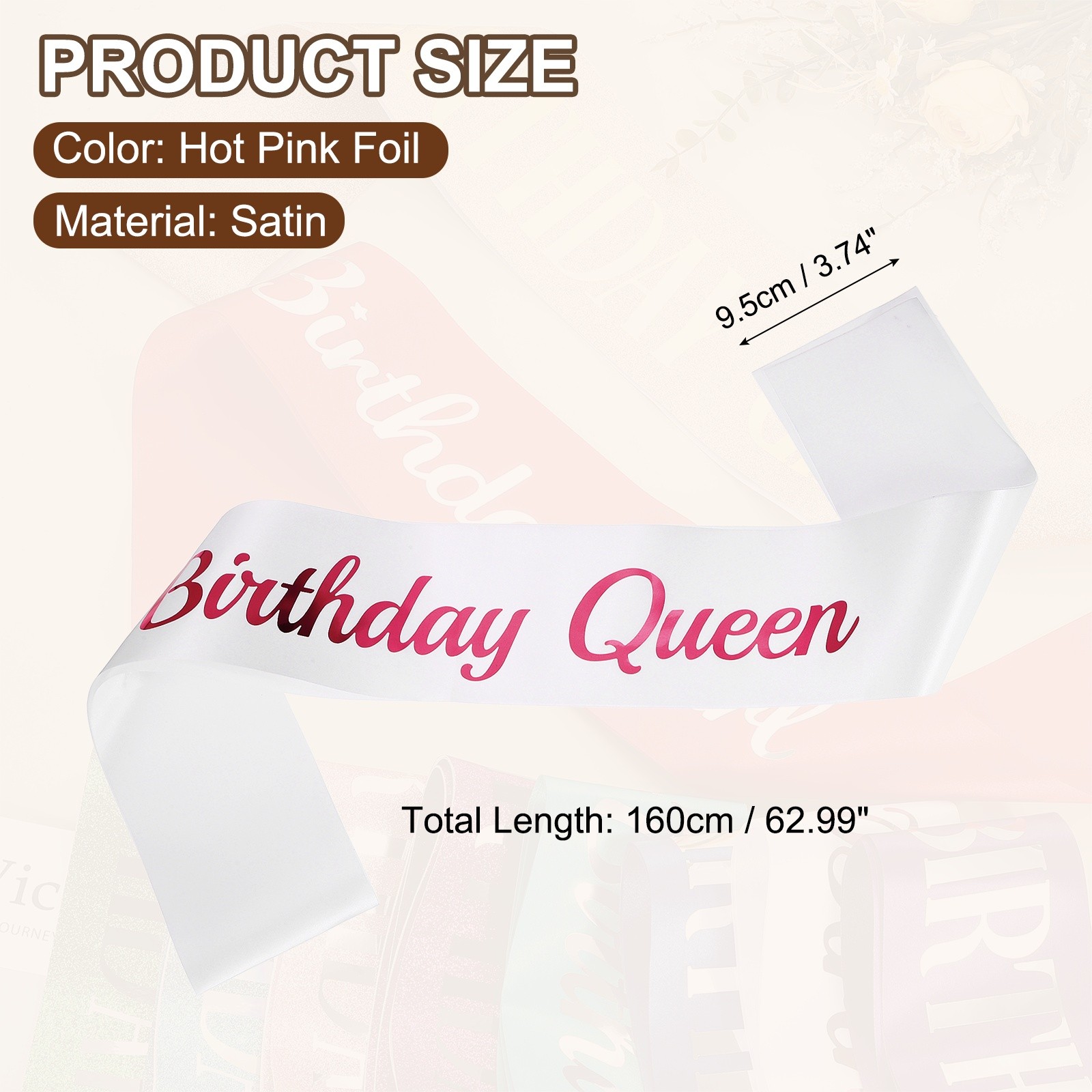 Birthday Queen Sash with Pin Hot Pink Foil Lettering for Birthday Party, White