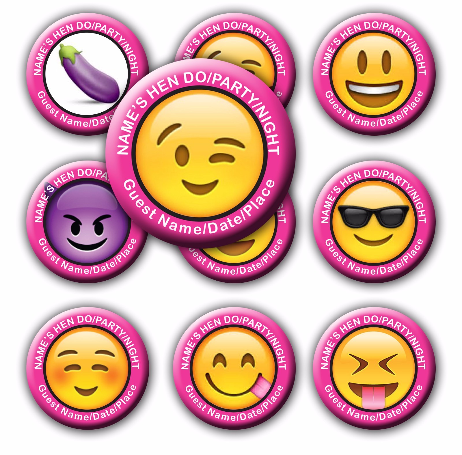 Personalsed Emoji Hen Night Do Party Badge, Mirror, Magnet, keyring hen bride