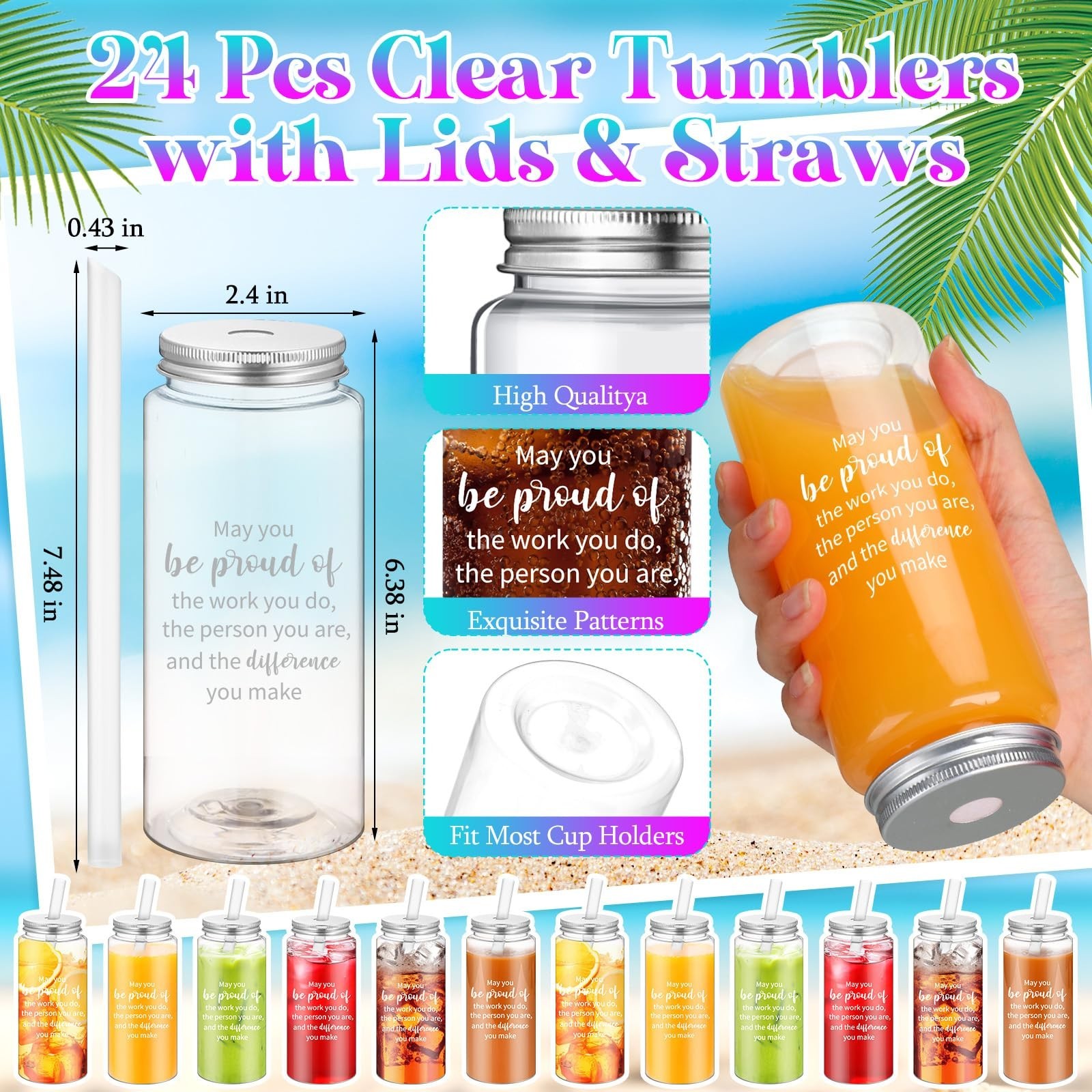 Skylety 72 Pcs Employee Appreciation Gifts Bulk 13.5oz Clear Tumblers with Li…