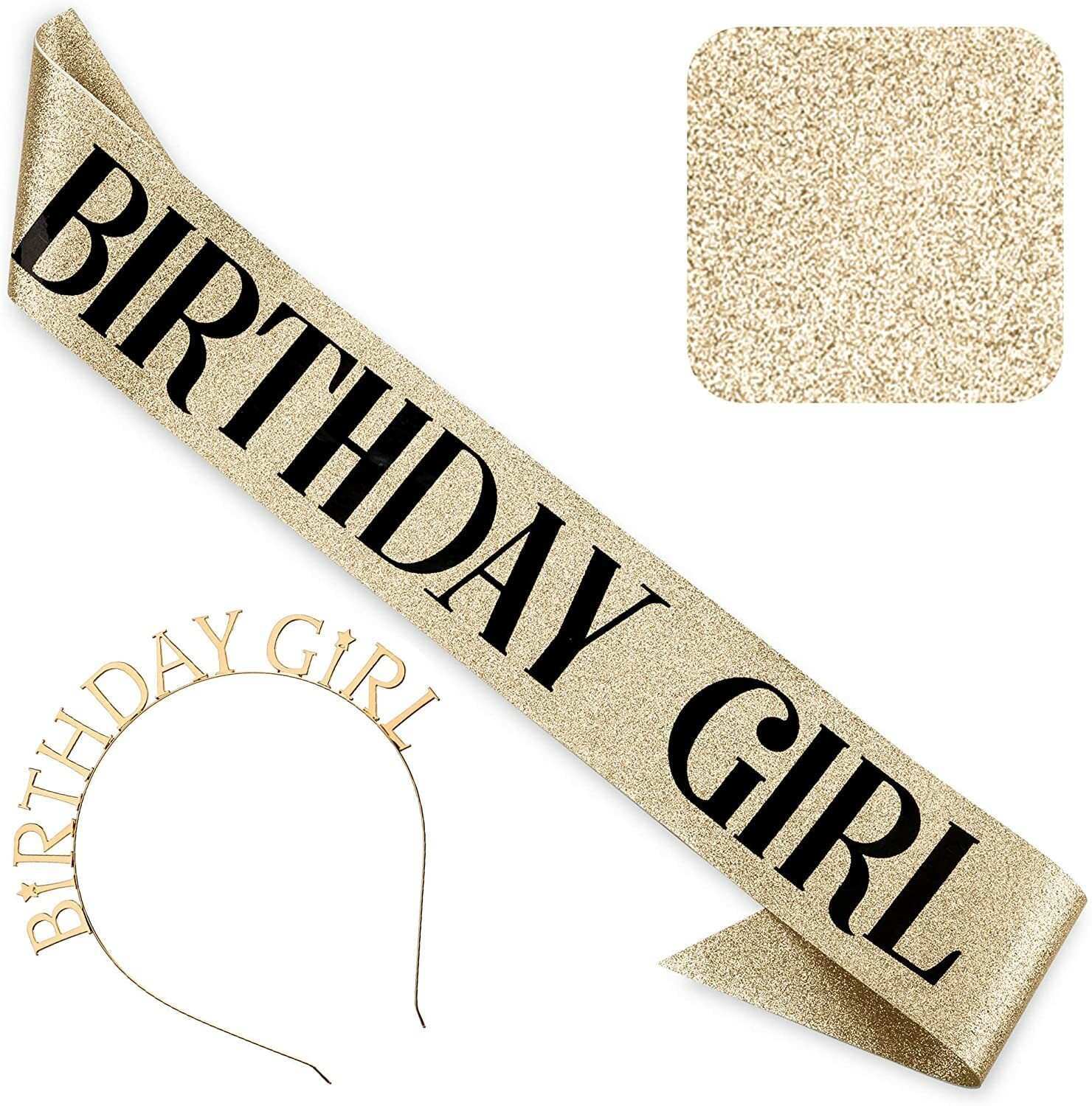‘Birthday Girl’ Sash and Headband Tiara, Gold Glitter w/Black Foil Birthday Girl