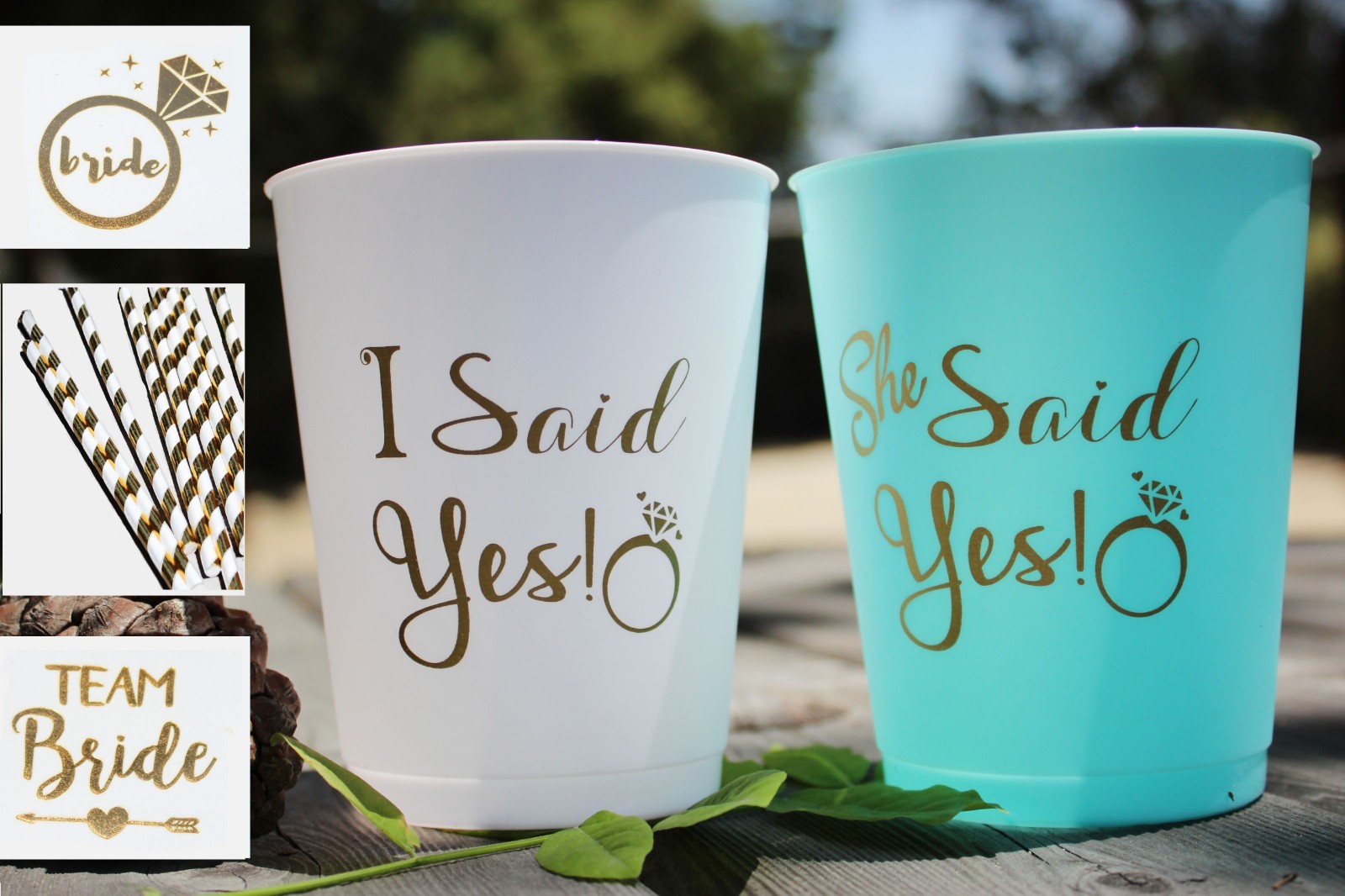 36 PIECE BUNDLE | Bachelorette Party Cups + Bridal Temporary Tattoos + Straws