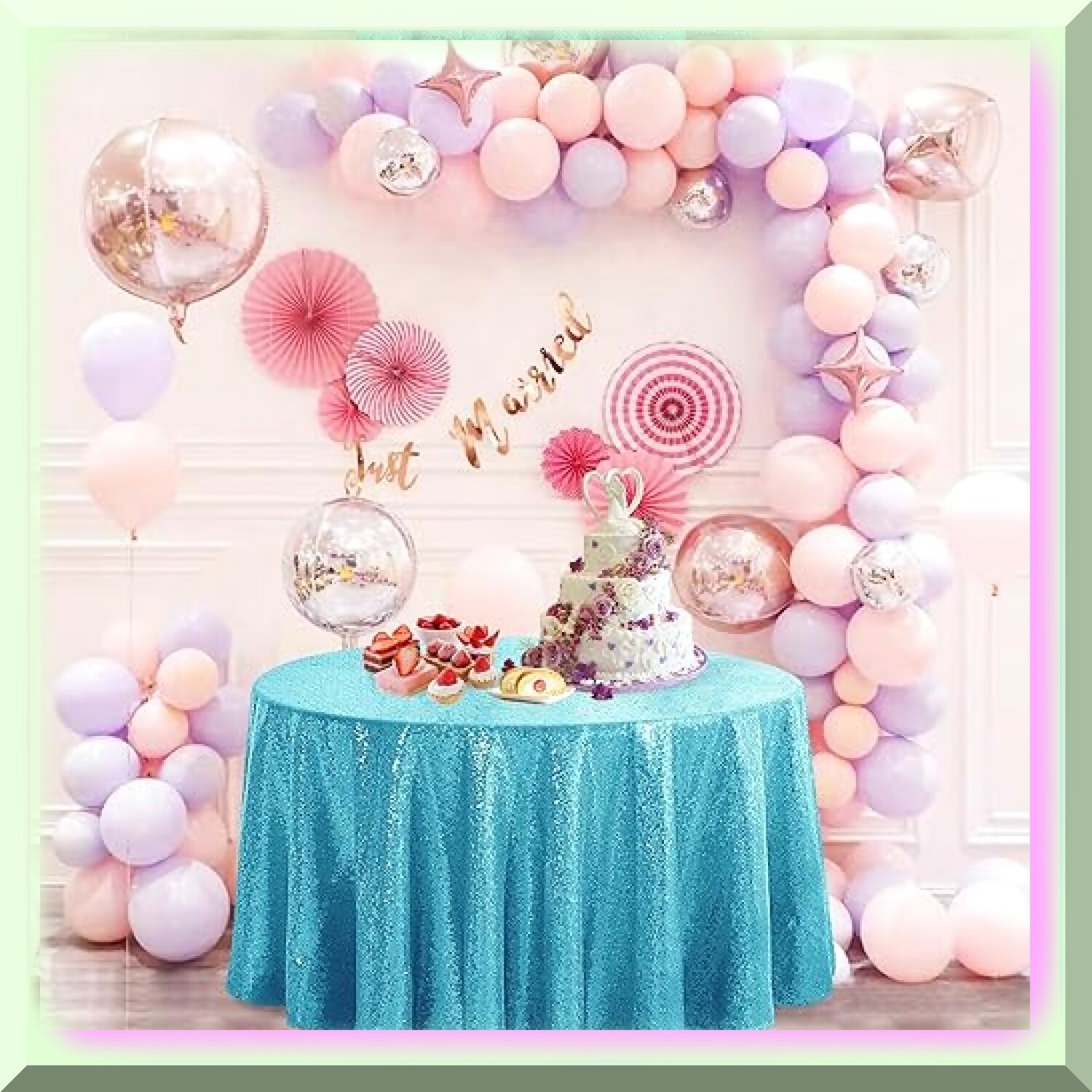 Turquoise Sequin Round Party Tablecloth