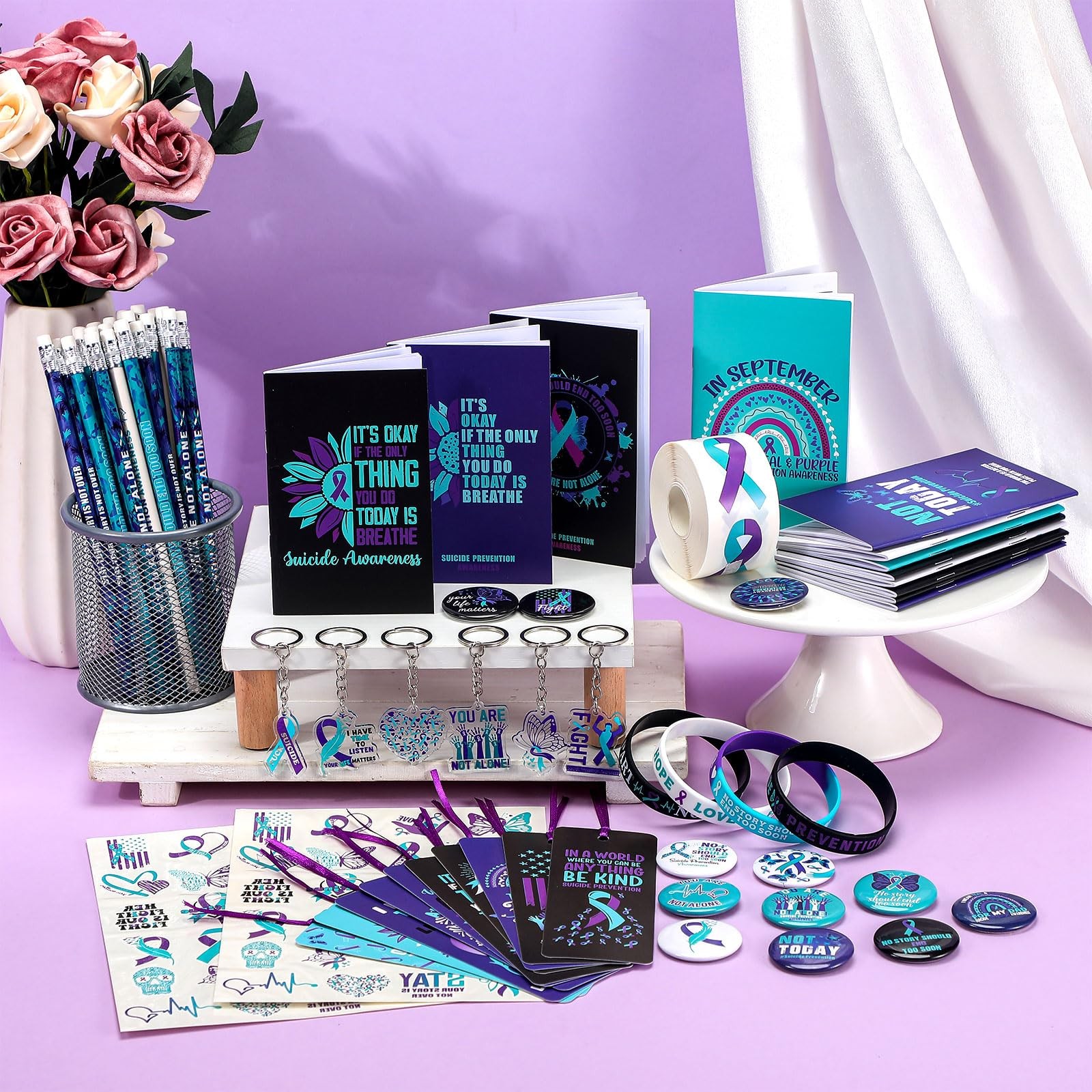 24 Sets Suicide Prevention Awareness Items Include Purple Teal Ribbon Silicon…