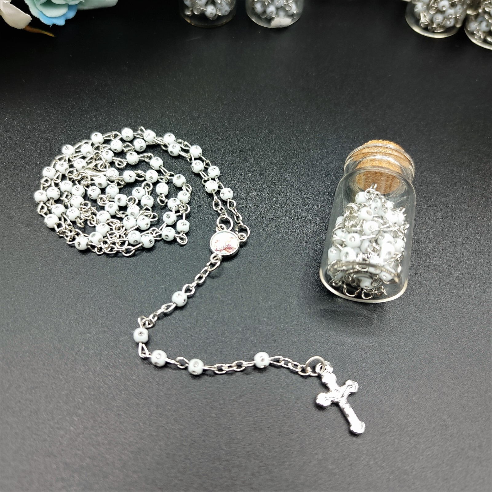 US 4/12pcs White Bead Rosary Necklace in Wishing Bottle w Organza Bag Christian