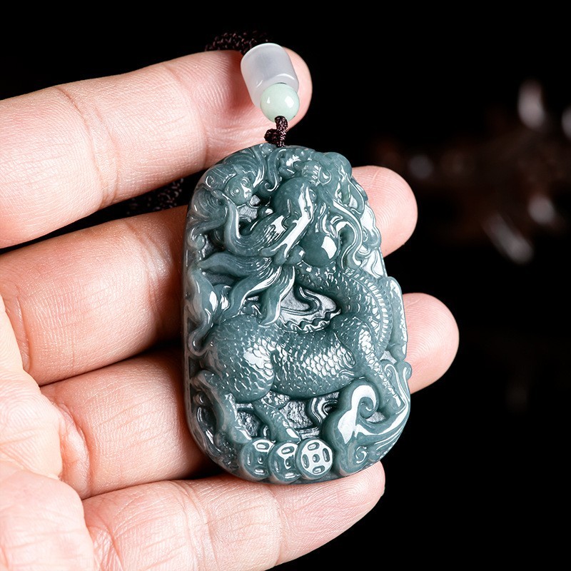 Natural Jadeite Qilin Pendant Necklace, Carved Kirin Amulet for Luck Prosperity
