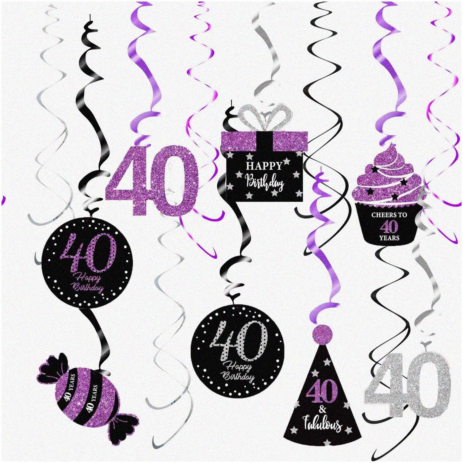 40th Birthday Swirl Decorations Purple Silver Black 15 Pieces