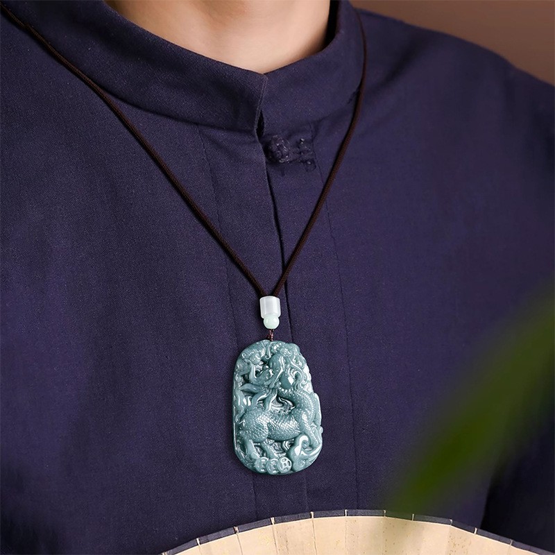 Natural Jadeite Qilin Pendant Necklace, Carved Kirin Amulet for Luck Prosperity