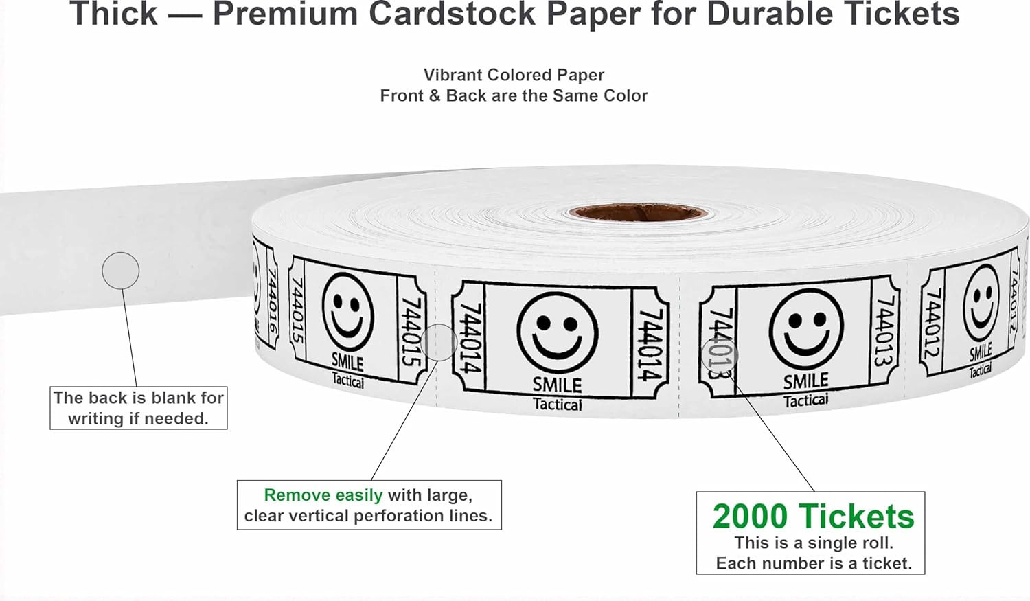 2000 Raffle Tickets, Smile, White (1 of 8 Colors), Single Roll, Ticket for Event