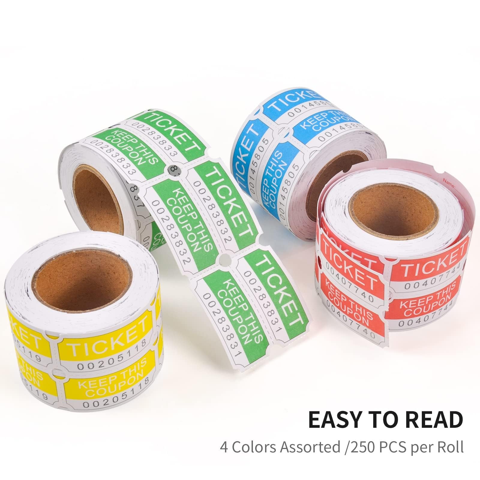 1000 Pairs Raffle Tickets Double Rolls,4 Vibrant Colors (Blue/Red/Yellow/Gree…