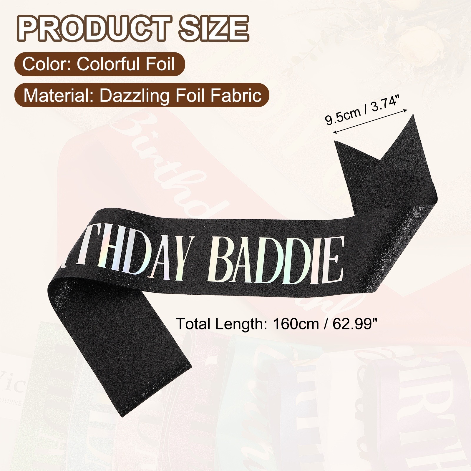 Birthday Baddie Sash with Pin Colorful Foil Lettering for Party, Black