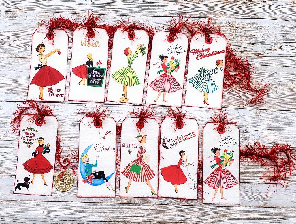 10-Christmas-Retro-50’s-Mid Century-Lady-Journal-Linen Cardstock-Gift-Hang-Tags